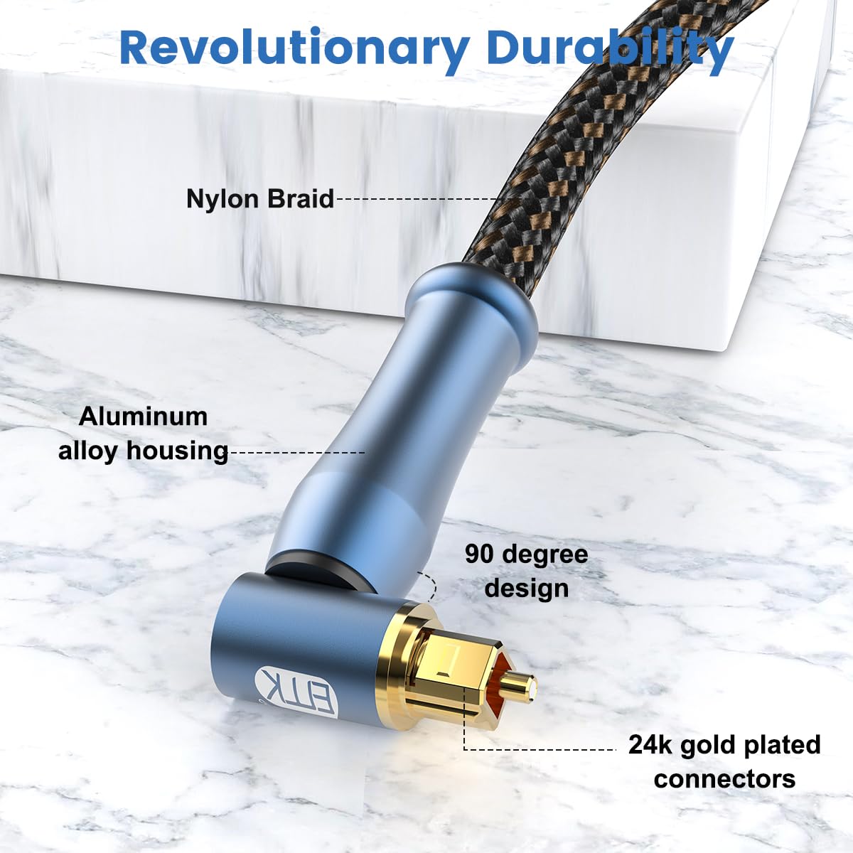 EMK 90 Degree Toslink Optical Cable 24K-Gold Connector 360 Degree Free-Rotating Plug Fiber Optic Cable S/PDIF Toslink Male to Male for Home Theater, Sound Bar, TV, PS4, Xbox (Blue,10ft/3m)