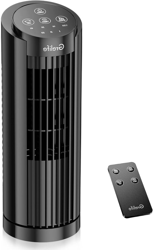 Grelife Tower Fan, Quiet Fans with Remote, for Bedroom, Living Room, Office, Tower Fan with Remote, 3 Speed Settings and Auto-off Timer, Compact Desktop Fan
