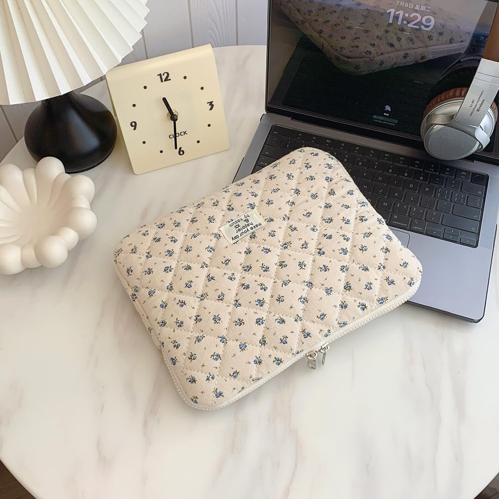 Puffy Laptop Sleeve 13-15.6 Inch Cute Quilted Laptop Protective Case Padded Floral Computer Sleeve for MacBook (A-Blue, 11 Inch)