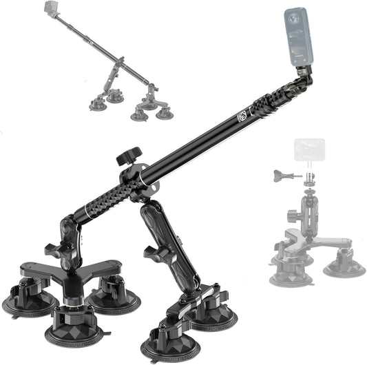 BRCOVAN Suction Cup Car Camera Mount Kit with Metal Extendable Selfie Stick, Dual Aluminum Alloy Arm, with Action Camera Adapter & 1/4"-20 Camera Thread, with Flagpole Accessories