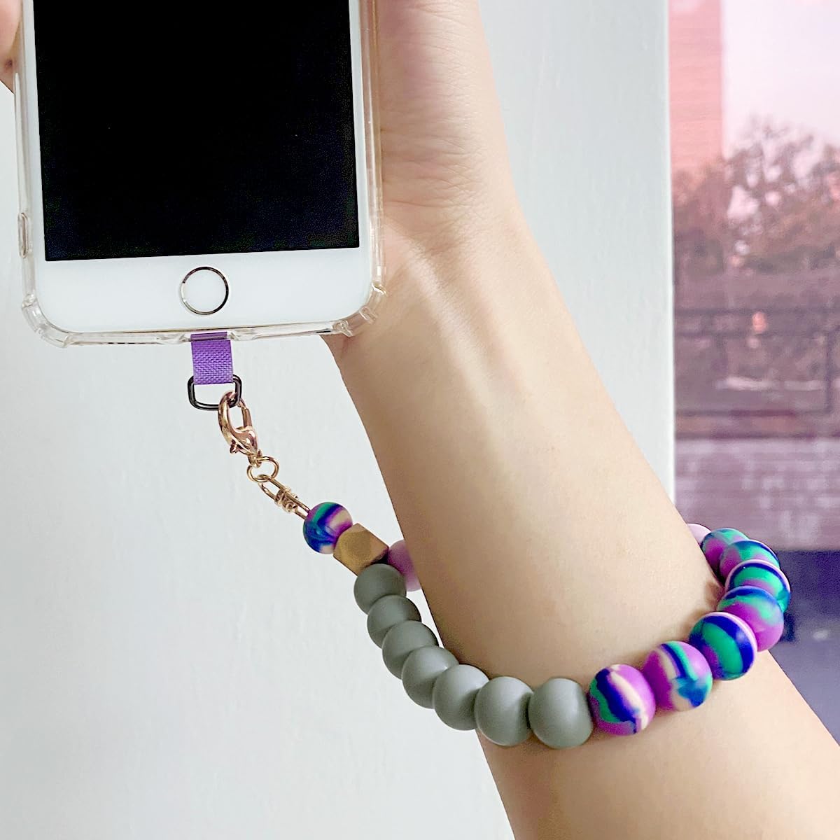 Marble Silicone Beaded Phone Wrist Strap, Cellphone Lanyard with Tether Tab, Elastic Hands-Free Wristlet Bracelet