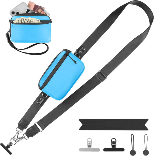 Clip and Go Strap for Phone with Wallet Crossbody, Adjustable Phone Lanyard with Detachable RFID Wristlet Wallet & Ultra-Thin 360° Rotatable Metal Tabs for All Smartphones (Blue)