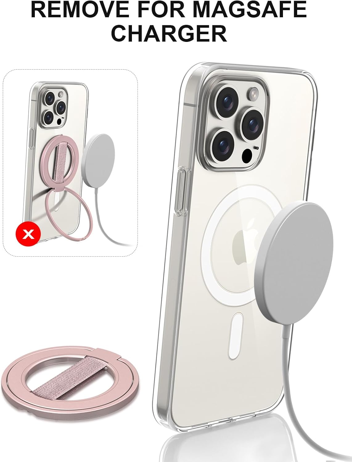 EWA MagOne Ultra Phone Grip Stand with Replaceable Elastic Finger Loop, Removable Magnetic Ring Holder Kickstand Loop, Double-Sided Magnetic Accessories for iPhone 16, 15, 14, 13 Pro/Max/Plus-Roseglod