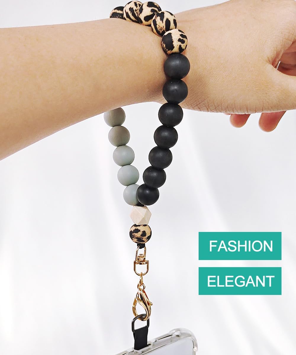 Marble Silicone Beaded Phone Wrist Strap, Cellphone Lanyard with Tether Tab, Elastic Hands-Free Wristlet Bracelet