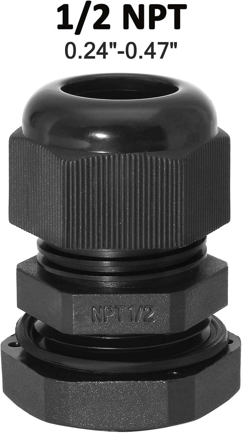 10 Pcs 1/2" NPT Nylon Cable Glands, IP68 Waterproof Adjustable Cord Grip Cable Connector Strain Relief Wire Protectors for 6-12mm Cable Diameter, Black