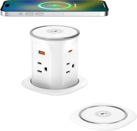 Jgstkcity Pop Up Countertop Outlet with 15W Wireless Charger,20W USB C Ports,Flush Mount Tamper Resistant,Recessed Grommet Receptacle,4 USB 4 Outlets,15A,1875W,ETL Listed,3.15in Hole,White