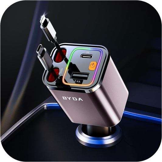 [2025 Mirco-Version] 4 in 1 Retractable Car Charger,69W Car Charger USB C,Cigarette Lighter Adapter,Fast Charging for iPhone 16e/16/15/14,13,Android (Pink, for Lightning+USB-C)