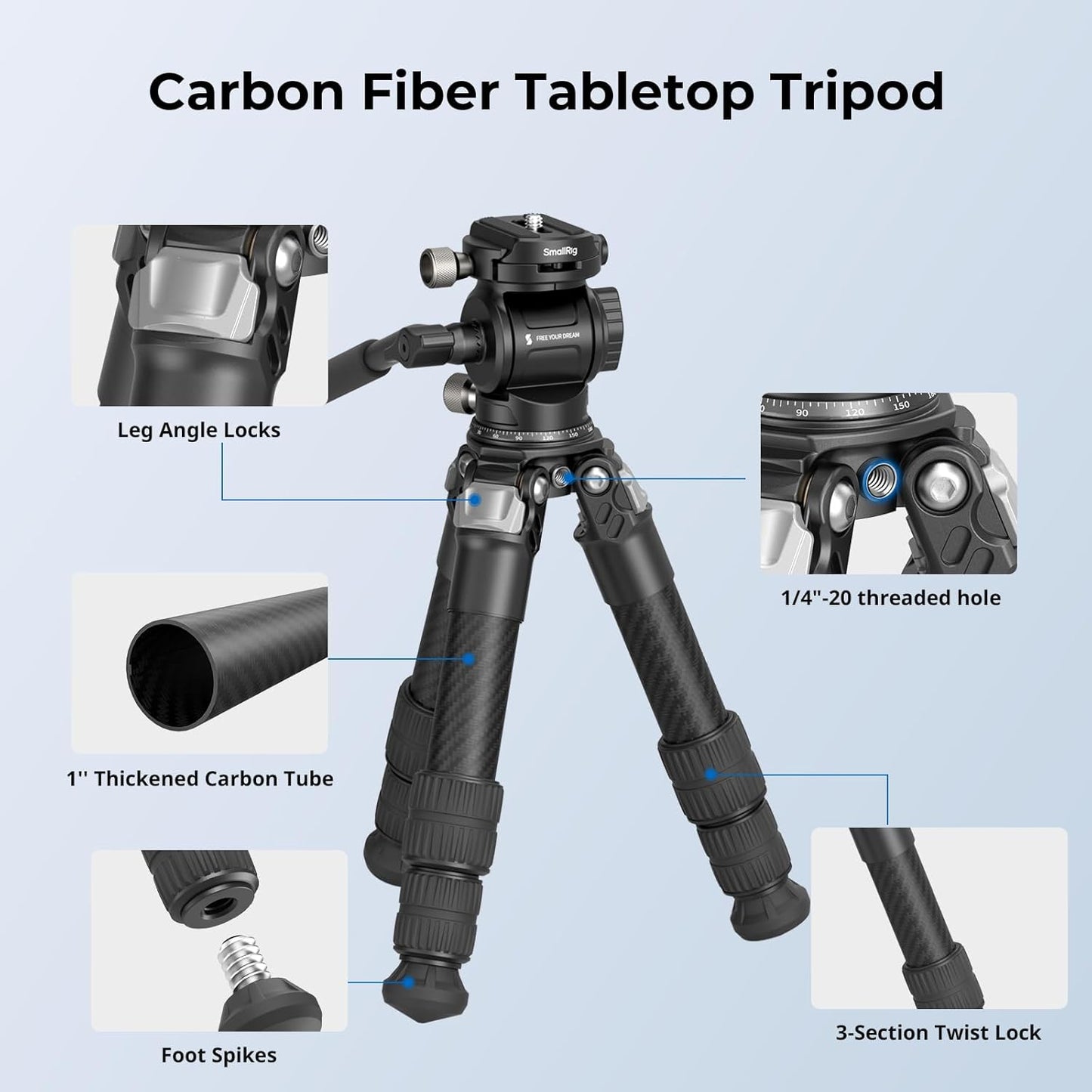SmallRig Portable Carbon Fiber Tabletop Tripod Kit, 17'' Compact Mini Desktop Tripod with Video Head High Load-Bearing, Built-in QR Plate for Arca, Max Load 3kg / 6.6lb for Cameras, DSLR