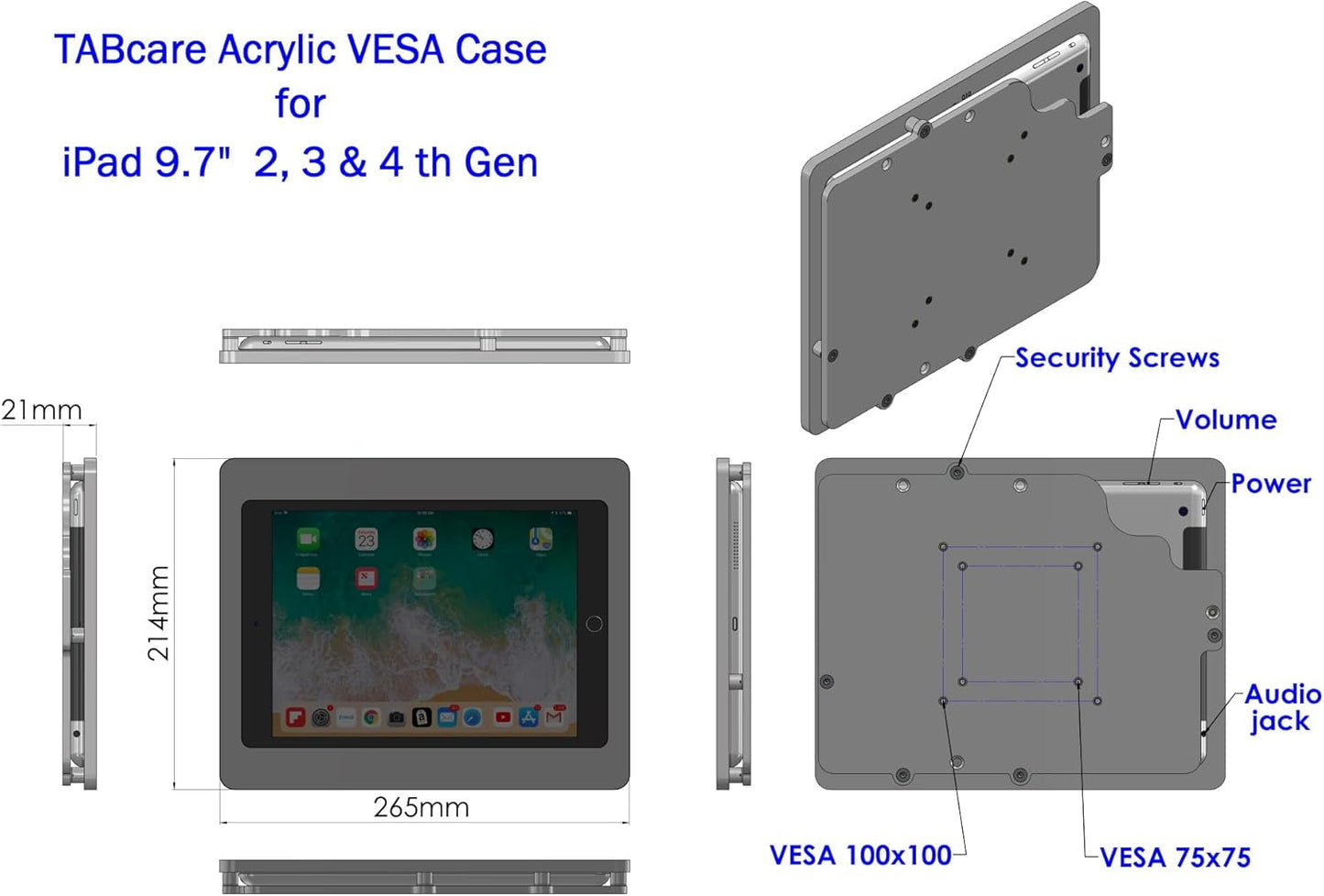 TABcare Anti-Theft Acrylic VESA Enclosure for Apple iPad 2/3/4 9.7" with Free Wall Mount Kit & 90-Degree Angle Charge Cable (iPad 2/3/4 9.7", Black)