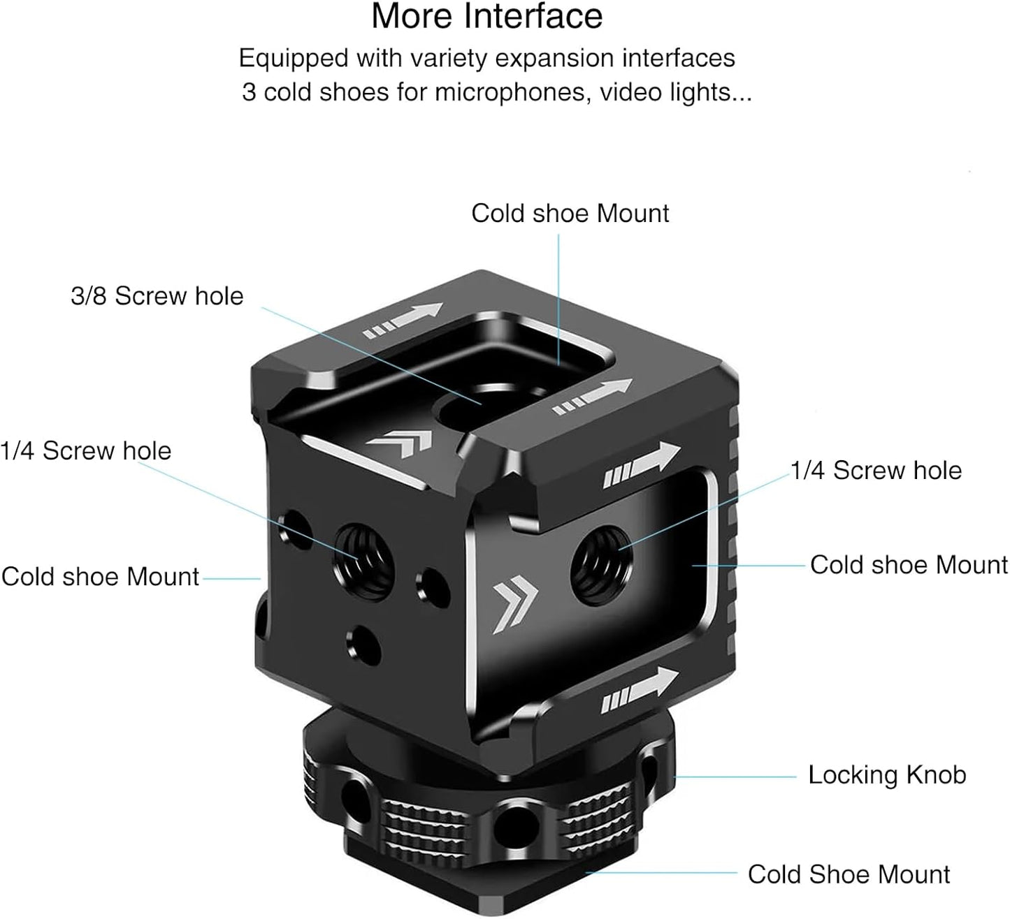 3 Port Cold Shoe Mount with 1/4"-20 Thread for Camera Cage Flash LED Monitor Microphone etc., Aluminum Camera Triple Cold Shoe Extension Bracket Compatible with Nikon, Canon, Sony..DSLR/SLR