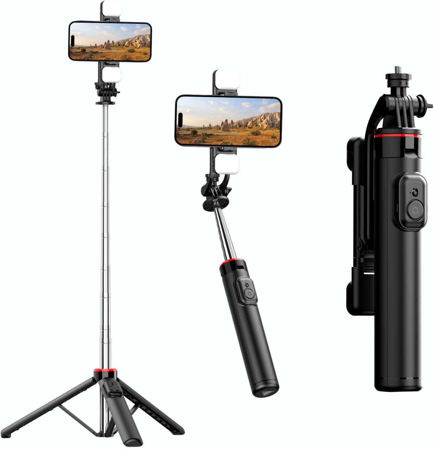 C13D 53" Selfie Stick Tripod with Fill Lights, Bluetooth Remote – Detachable Phone Mount, Dual Light Modes, for iPhone, Android, GoPro & Camera