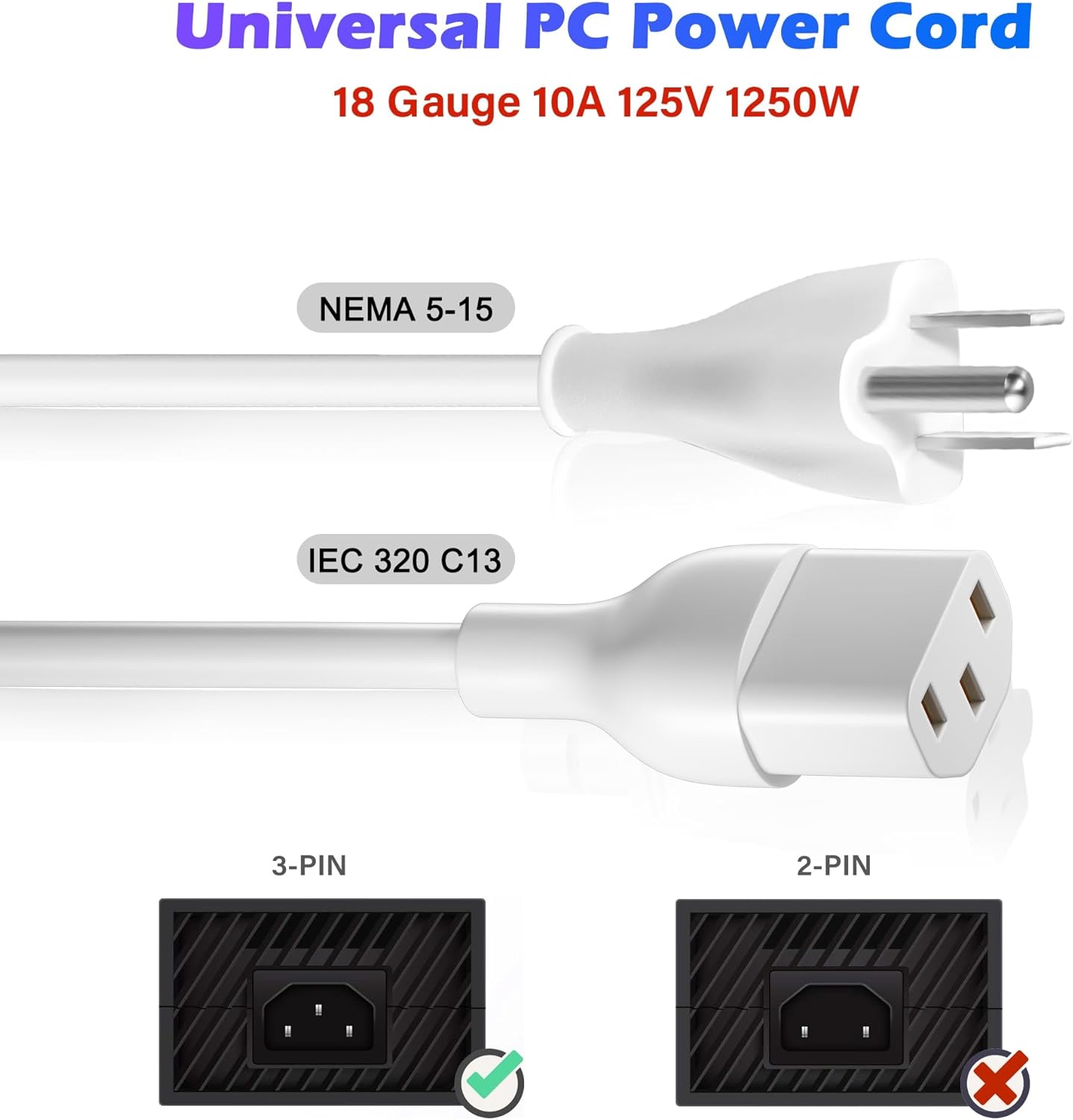 Adoreen 4 Ft Computer TV Replacement Power Cord White, 18AWG 3-Prong AC Universal Power Supply Cable NEMA 5-15P to IEC 320 C13 for Printer, PC, Monitor TV LCD, ETL+Ties