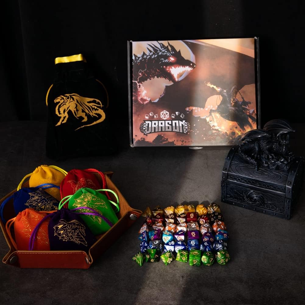 DND Dice Set 42 Pcs Polyhedral Dungeons and Dragons Rolling Dice for D&D RPG MTG Table Games Dice Bulk with Colorful Drawstring Bags and Dice Tray (Double-Color)