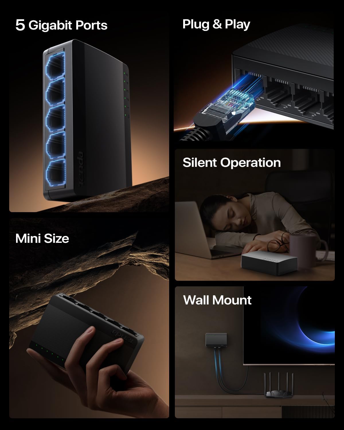 Tenda SG105, 5 Port Gigabit Switch, Unmanaged Ethernet Switch, Office Ethernet Splitter, Plug & Play, Plastic Case, Desktop/ Wall-Mount, Fanless Quiet, Limited Lifetime Protection