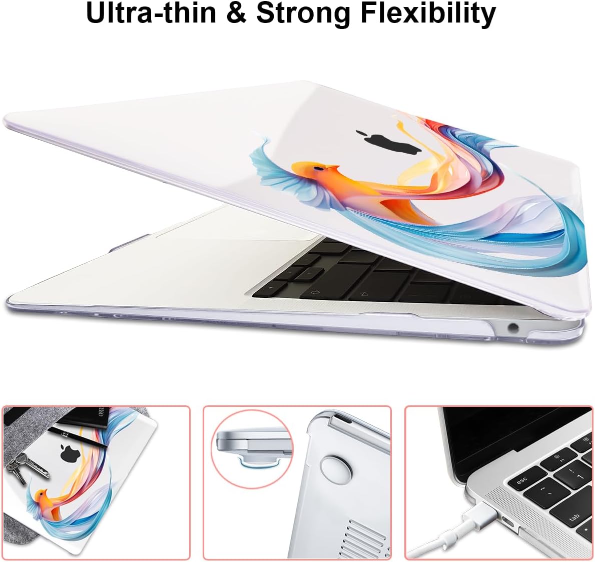 Compatible with 2021 2020 2019 2018 MacBook Air 13 inch Case M1 A2337 A2179 A1932, Pattern Plastic Hard Shell Case & Screen Film & Keyboard Cover for MacBook Air 13 M1 Touch ID, Ribbon Bird