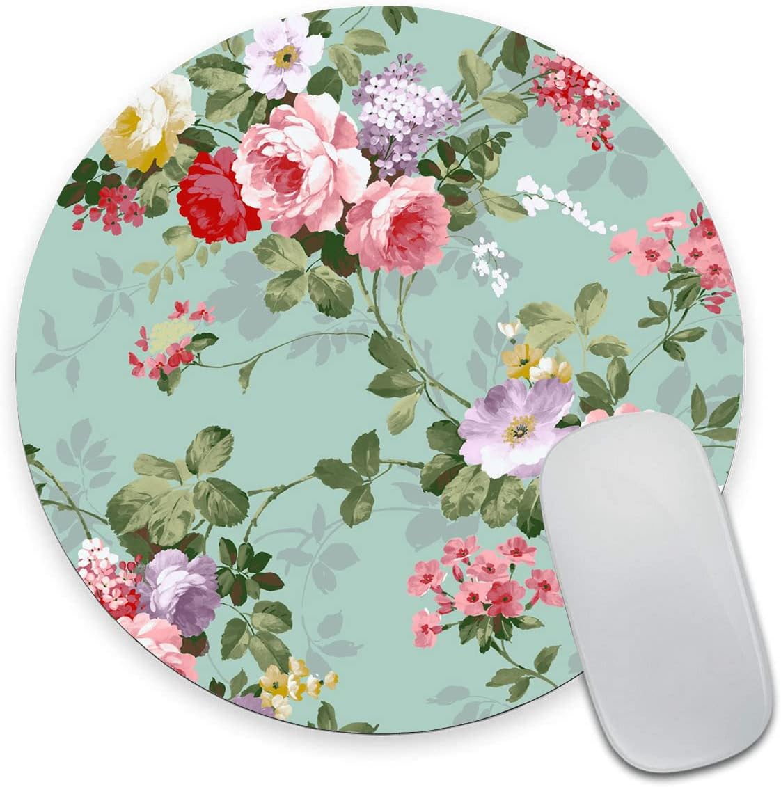 Mouse Pad, Mint Floral Teal Mouse Pad, Washable Round Mousepad with Lycra Cloth, Non-Slip Rubber Base Small Wireless Mouse Pads for Office Laptop