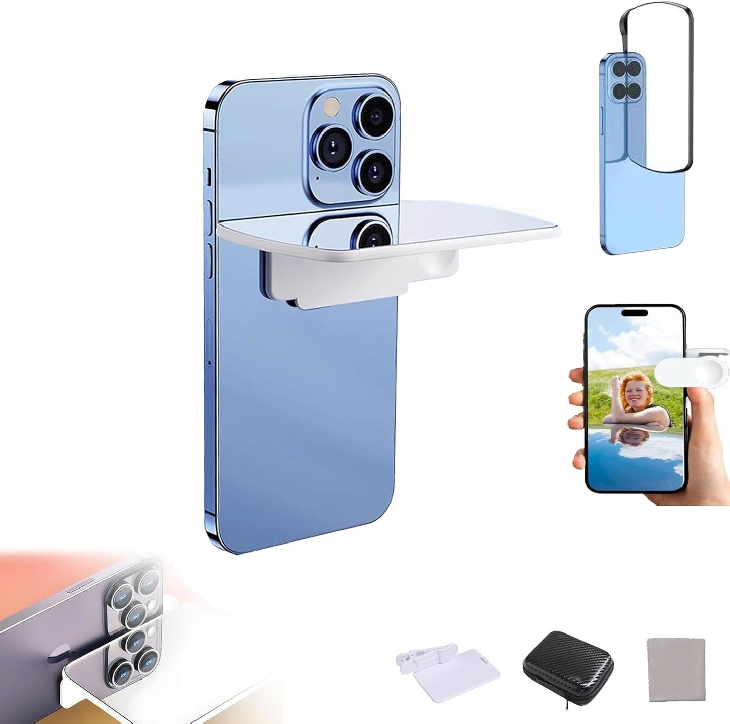 Smartphone Camera Mirror Reflection Clip Kit, Adjustable HD Glass Mirror Effect Lens for Creative Photography, Vertical & Horizontal Phone Selfie Reflector, Portable Photography Accessory (1PCS-White)