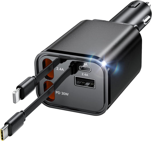 Retractable Car Charger, 4 in 1 Fast Car Charging 60W, Compatible for iPhone 16 Car Travel Essentials Charger, Women Men for Gifts USB C Car Honda Civic Accessories Adapter Compatible for iPhone 16 15