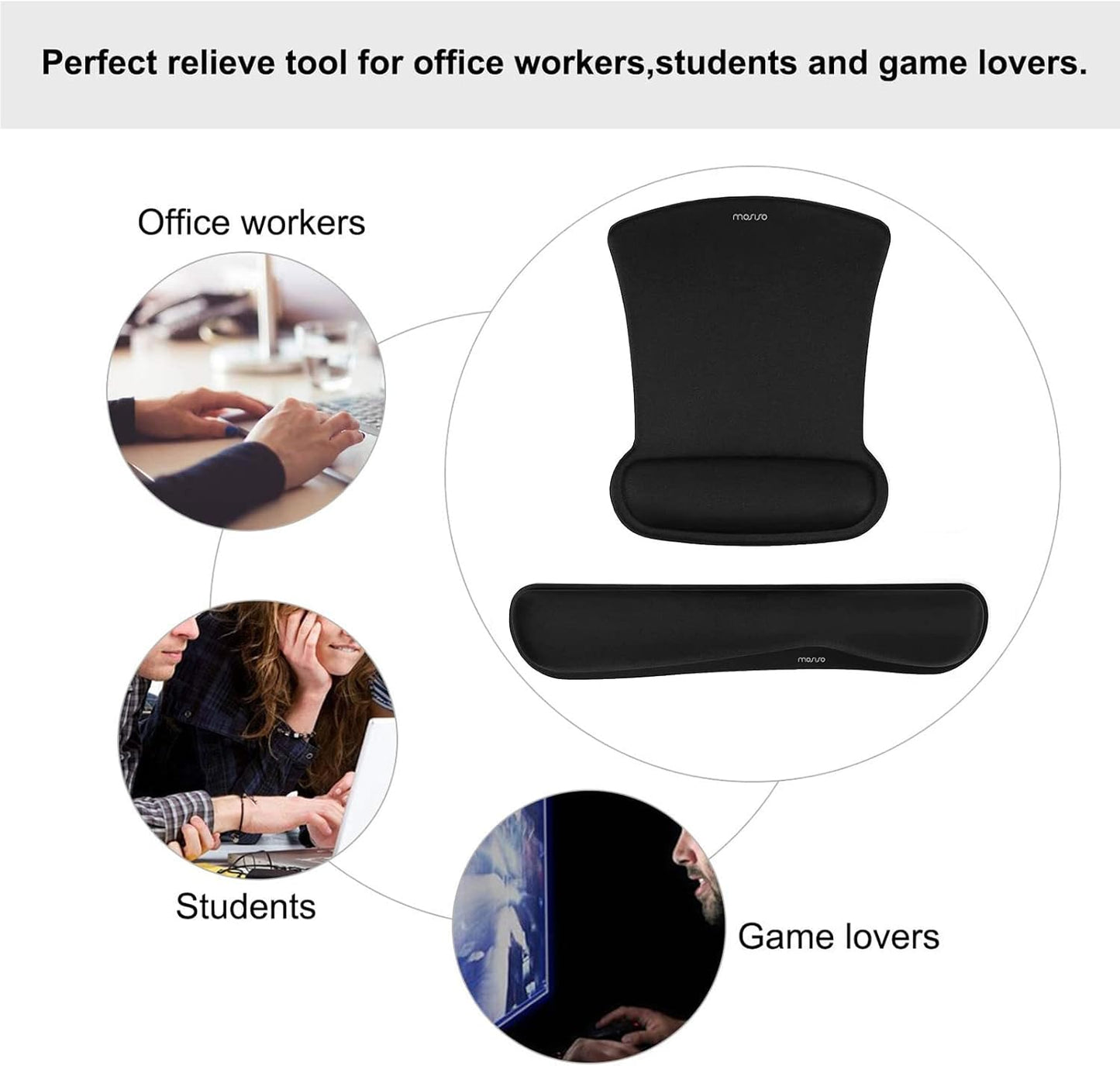 MOSISO Wrist Rest Support for Mouse Pad & Keyboard Set, Ergonomic Mousepad Non-Slip Base Home/Office Pain Relief & Easy Typing Cushion with Neoprene Cloth & Raised Memory Foam, Black