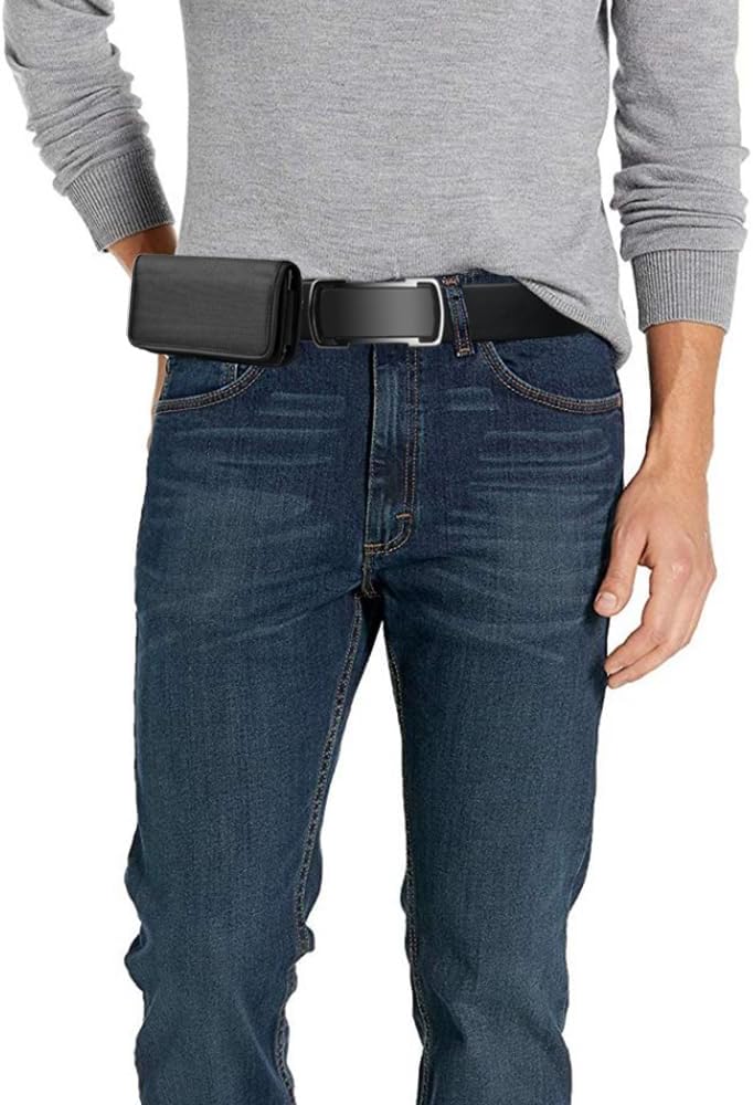 Nylon Cellphone Holster for iPhone 12/13/14/15 Pro Max/Plus, Samsung Galaxy A04S A13 A14 A15 S22 S23 S24 Plus- Horizontal Case Canvas Waist Carrying Pouch with Belt Clip/Loops, Black