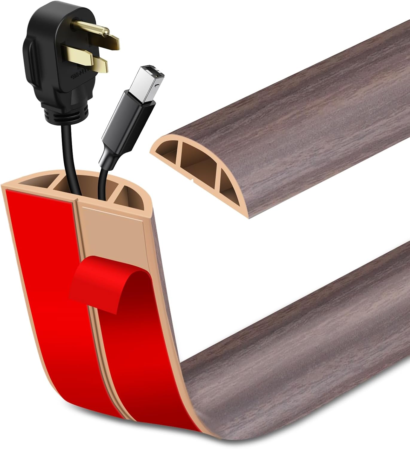 Floor Cord Cover Self Adhesive Cord Hider Floor Extension Cord Covers for Floor Power Cord Protector Cable Management Prevent Cable Trips Cable Cavity 0.51" W x 0.31" H (Brown Walnut Wood, 3.3Ft)