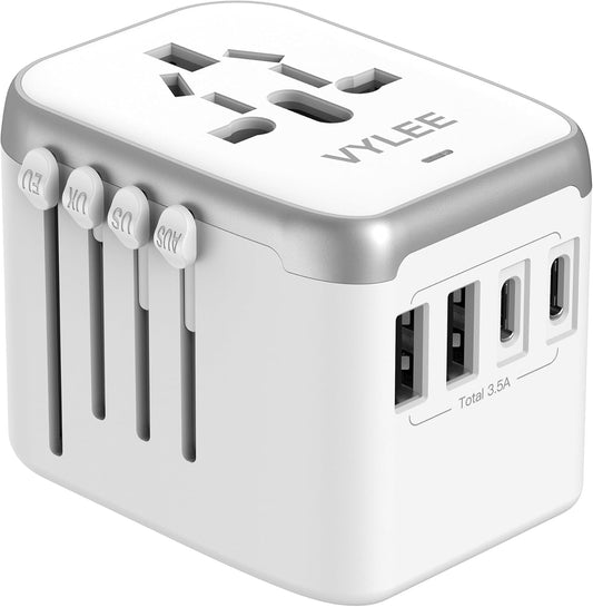 Universal International Power Travel Plug Adapter, 5 in 1 European Travel Plug Adapter W/ 3.5A 2xUSB-A and 2xUSB C Wall Charger and Worldwide AC Outlet for Europe USA UK AUS Asia (White Grey)