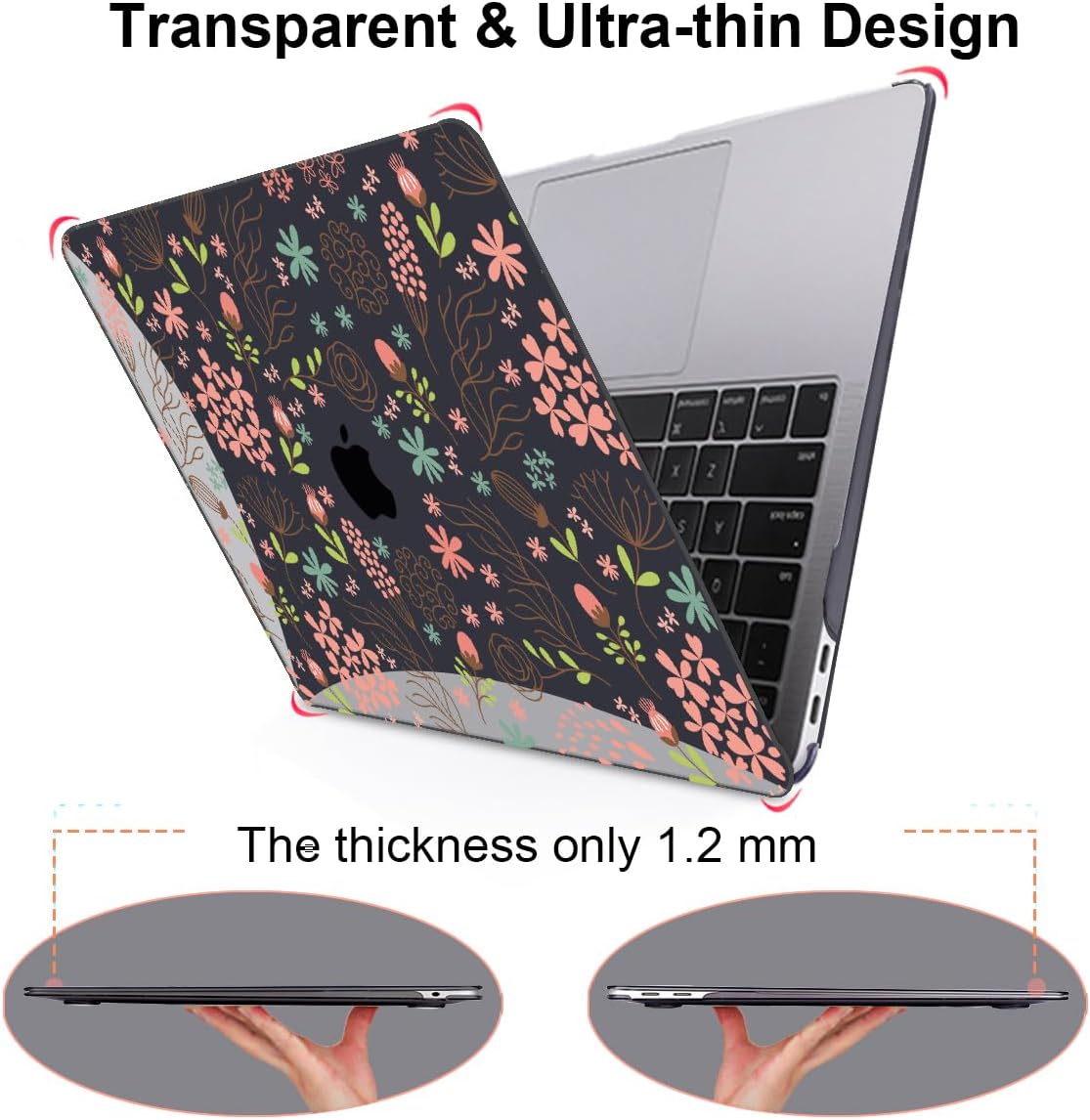 for MacBook Air 13 inch Case 2021 2020 2019 2018 Release M1 A2337 A2179 A1932, Pritned Pattern Plastic Hard Case Cover for MacBook Air 13.3" Retina Display Touch ID, Seamless Flower Black