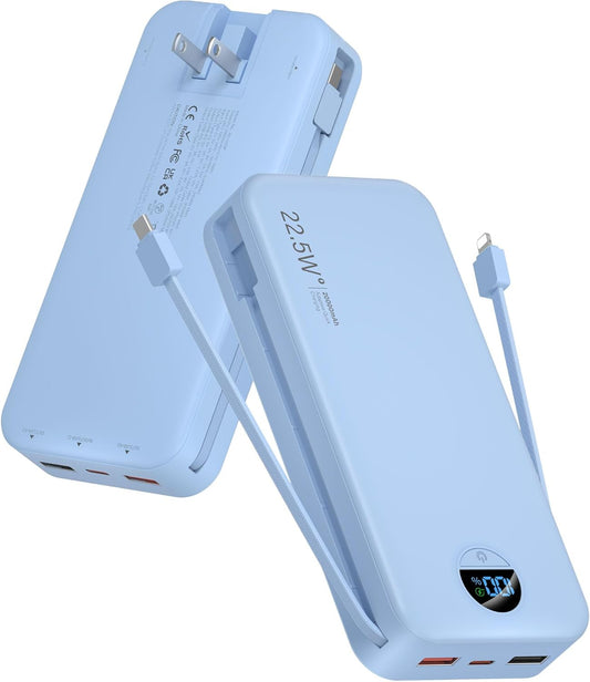 Portable Charger, 20000mAh 22.5W USB C Fast Charging Power Bank with Built-in Cables & Wall Plug, External Battery Pack with LED Display, Travel Essentials Compatible with iPhone, iPad, Samsung Blue
