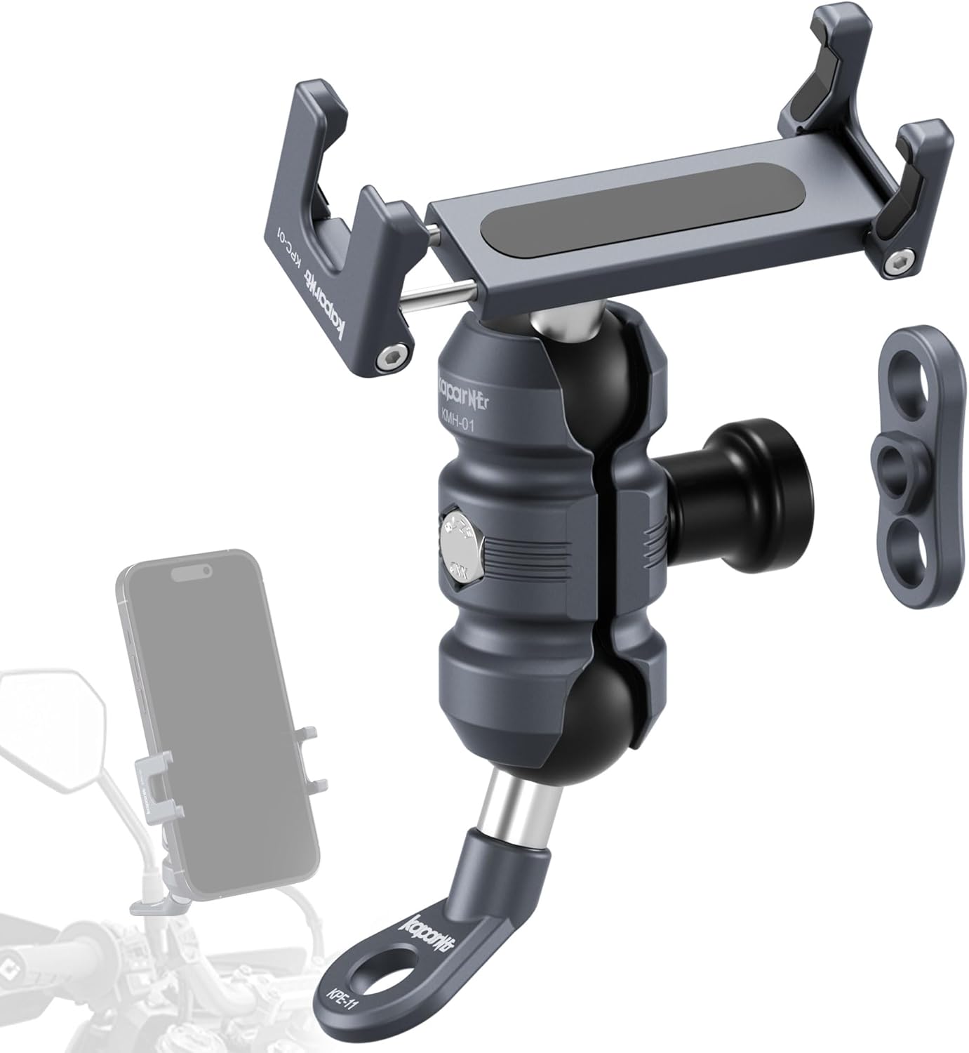 Motorcycle Phone Clip Kit, Anti-Theft Double Socket Arm/Angled Bolt-Head Adapter Ball Base for Mirrors Lever or Round Bar, Suitable for Width of 2.56-3.74" Phone (KPS-04)