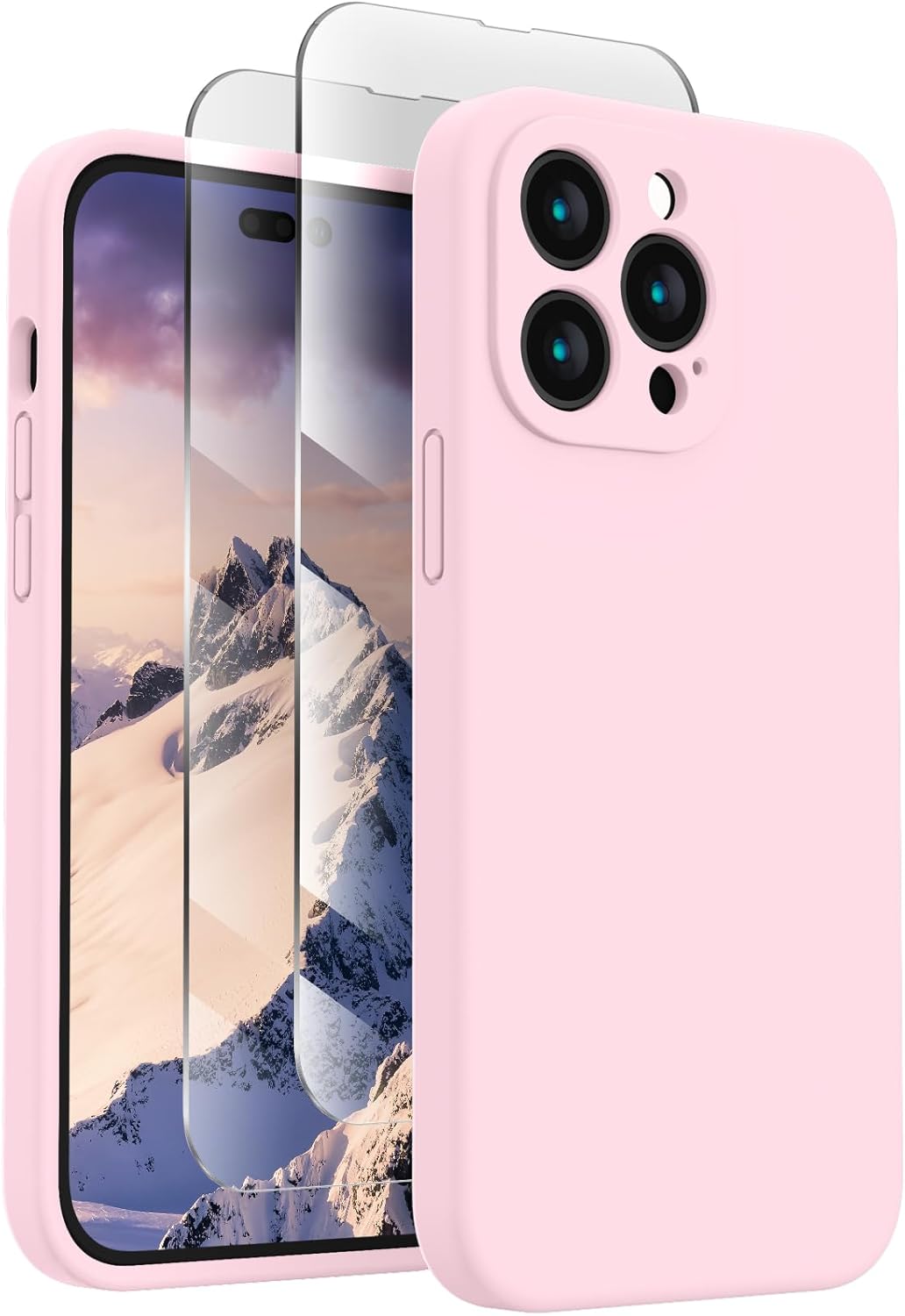 FireNova for iPhone 14 Pro Case, Silicone Upgraded [Camera Protection] Phone Case with [2 Screen Protectors], Soft Anti-Scratch Microfiber Lining Inside, 6.1 inch,Chalk Pink