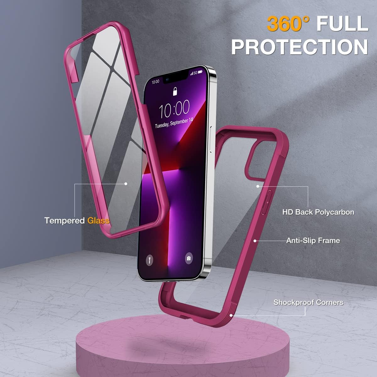 Miracase Glass Case for iPhone 13 Pro Max 6.7 inch, Upgrade Full-Body Clear Bumper Case with Built-in 9H Tempered Glass Screen Protector for iPhone 13 Pro Max, Claret Red