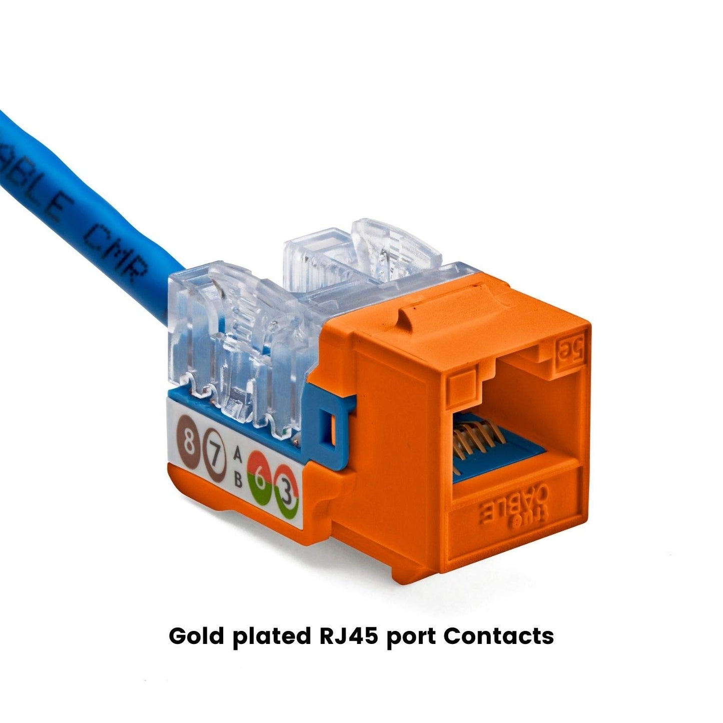 trueCABLE Cat5e Keystone Jack, Unshielded (UTP), 90 Degree Punch-Down, PoE++ (4PPoE) 100W, UL Listed, ETL Verified, ANSI/TIA Certified, Modular RJ45 Female, Orange, 48 Pack