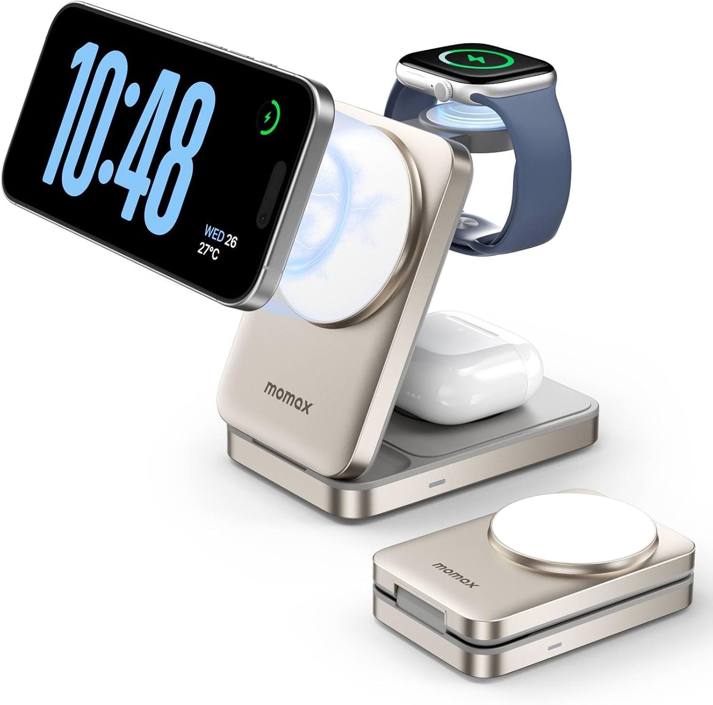 MOMAX 3-in-1 iPhone 16 Charging Station, MagSafe-Compatible Wireless Charger Stand, Qi2 Certified 25W Foldable Magnetic Charger for iPhone 15, Apple Watch, Airpods Dock Base (Not a Power Bank)