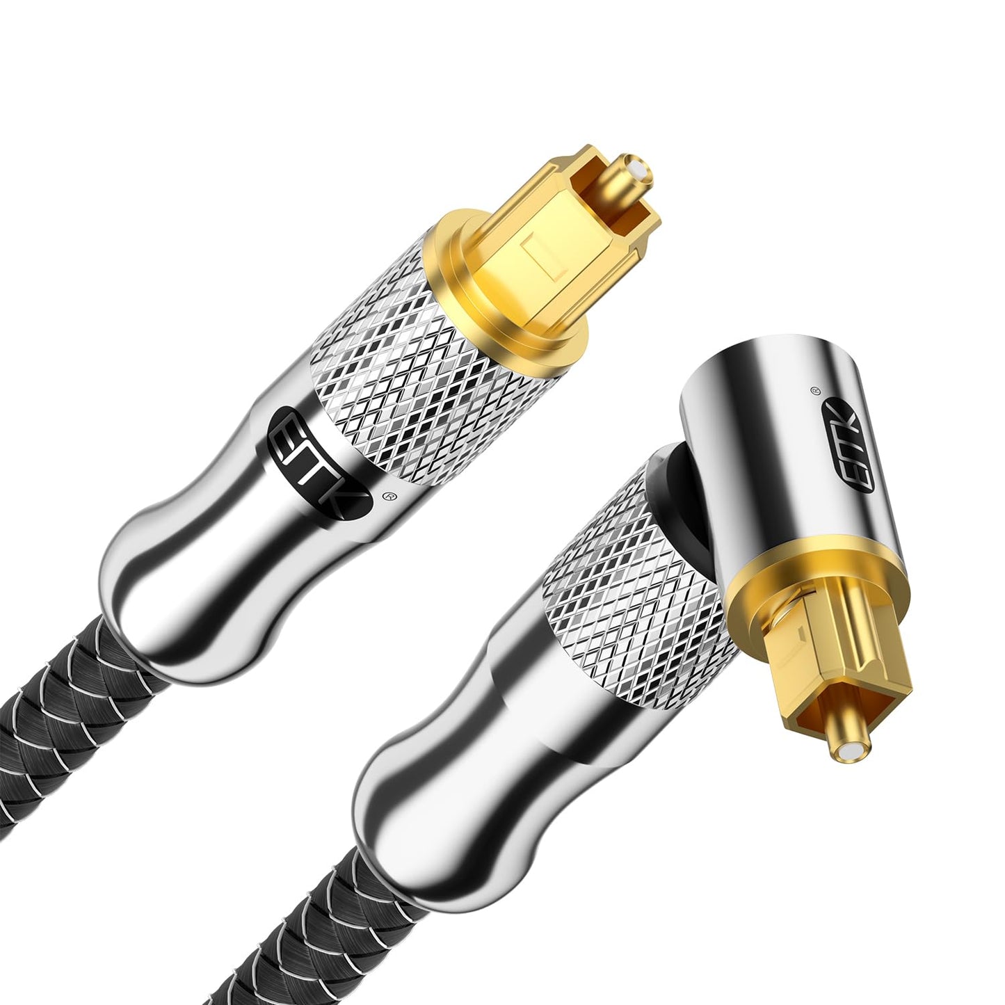 EMK Premium 24K Gold-Plated Right Angle Optical Cable – 90° Toslink to Toslink (8M/25Ft), 360° Rotatable for Soundbars, TVs & Home Theater