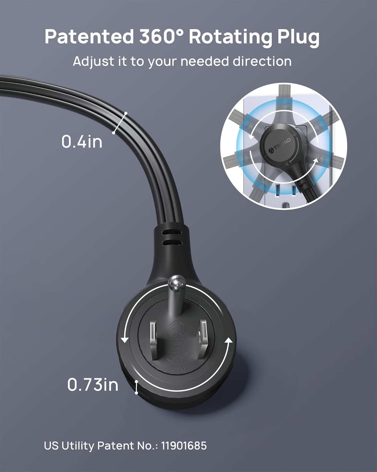 TROND 360° Rotating Flat Plug Extension Cord 6ft, Low Profile Small Power Strip, 3 Side Grounded Outlet, 13A, SPT 16/3 Gauge Cable for Indoor Home Office Kitchen Cruise Travel Essentials, Black