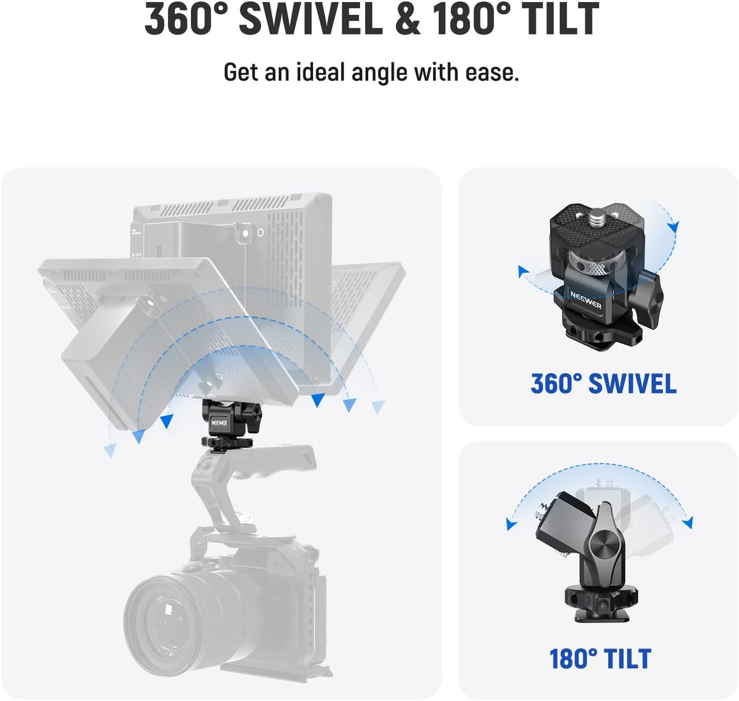 NEEWER Camera Monitor Mount with Cold Shoe, Anti Twist 1/4" Screw for 5" & 7" Field Monitor Compatible with Atomos Ninja V, 360° Swivel & Adjustable 180° Tilt Damping, Compatible with SmallRig, MA006