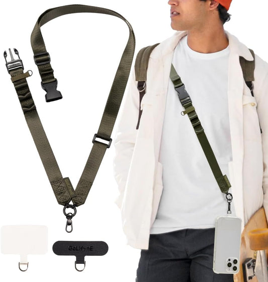 25mm Crossbody Phone Lanyard, Anti-Theft Crossbody Phone Strap for iPhone 16 Pro Max and Most Smartphones, Cell Phone Neck Lanyard w/ 2 Non-Adhesive Tether Tabs for Men and Women, Army Green