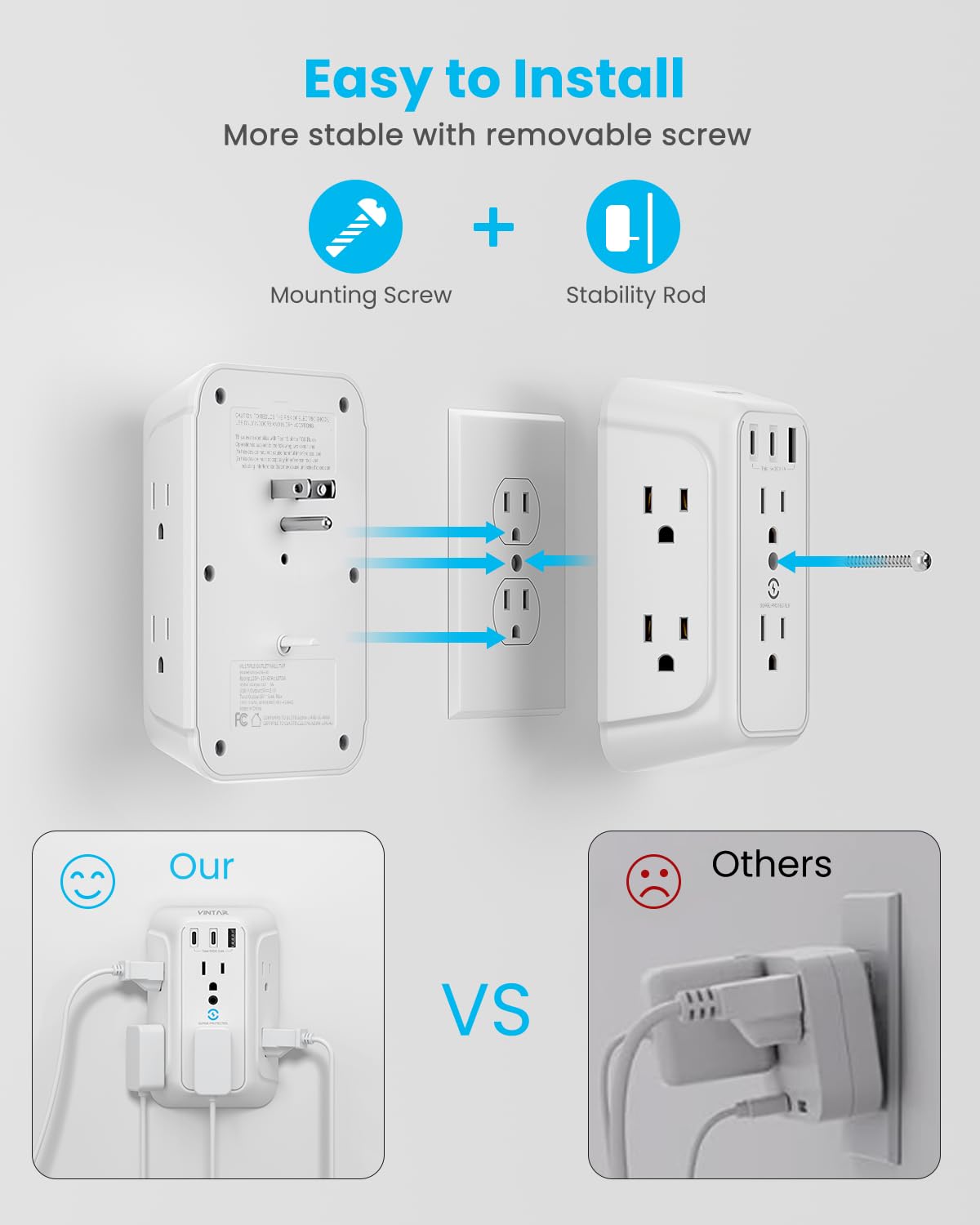 [2-Pack] Surge Protector Outlet Extender, VINTAR 6 Outlet Splitter with 3 USB Charging Ports (2 USB C),900J Multi Plug Outlet Power Strip, 3-Sided Usb Wall Charger for Home Office Dorm Room Essentials