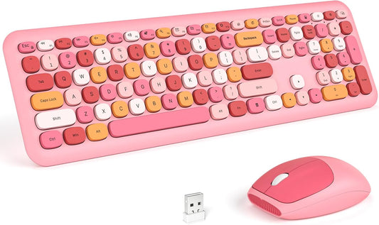 KNOWSQT Wireless Keyboard and Mouse Combo, Pale Pink Full-Sized 2.4G Silent Keycap Colorful Keyboards, USB Dongle Plug Play, for Laptop, Windows, PC, Computer, Desktop