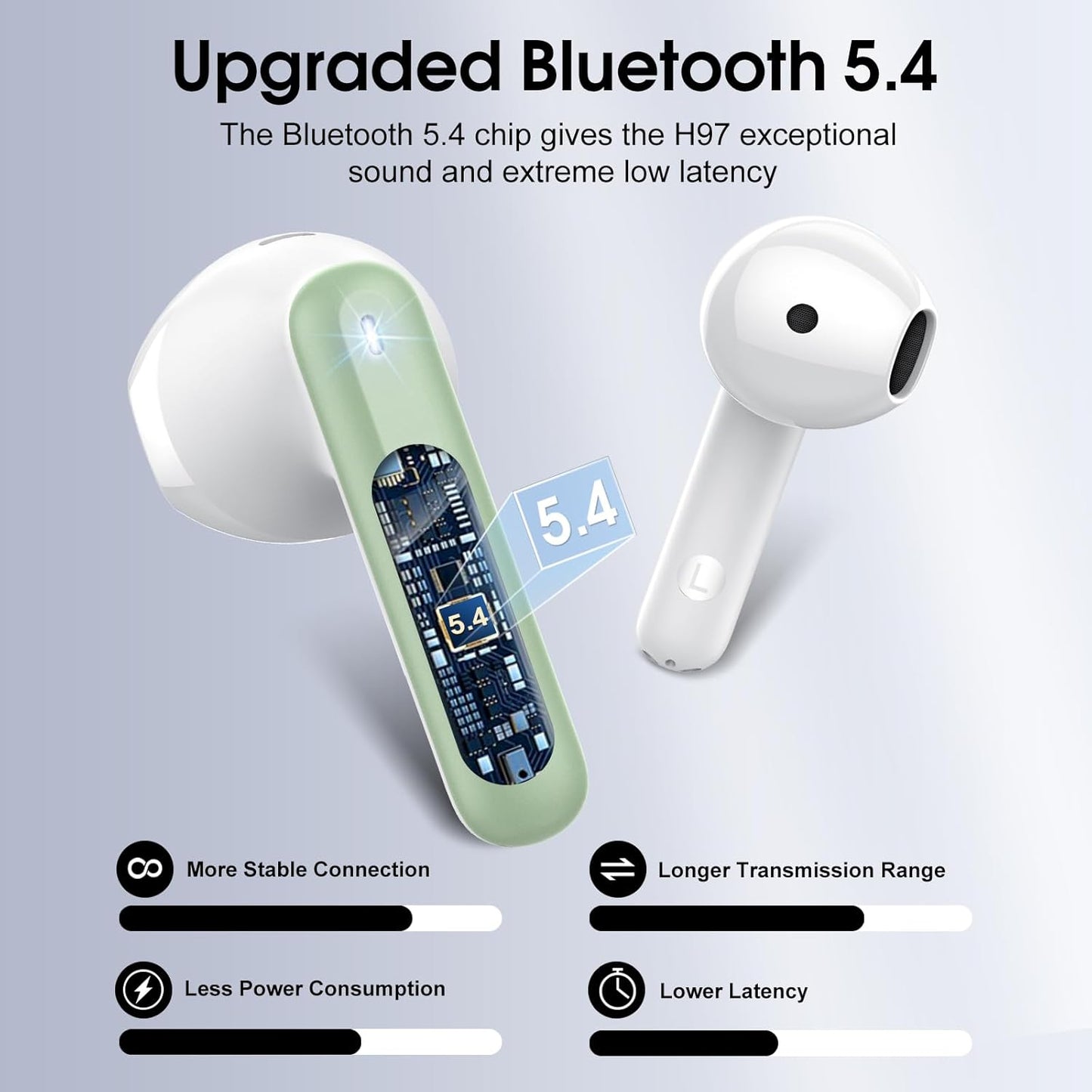 Wireless Earbuds, Bluetooth 5.4 Headphones with 3D Bass Stereo, 40H Ultralight in-Ear Buds, Bluetooth Earbuds with 4 ENC Noise Cancelling Mic, USB-C, IP7 Waterproof Earphones for Android iOS, Green