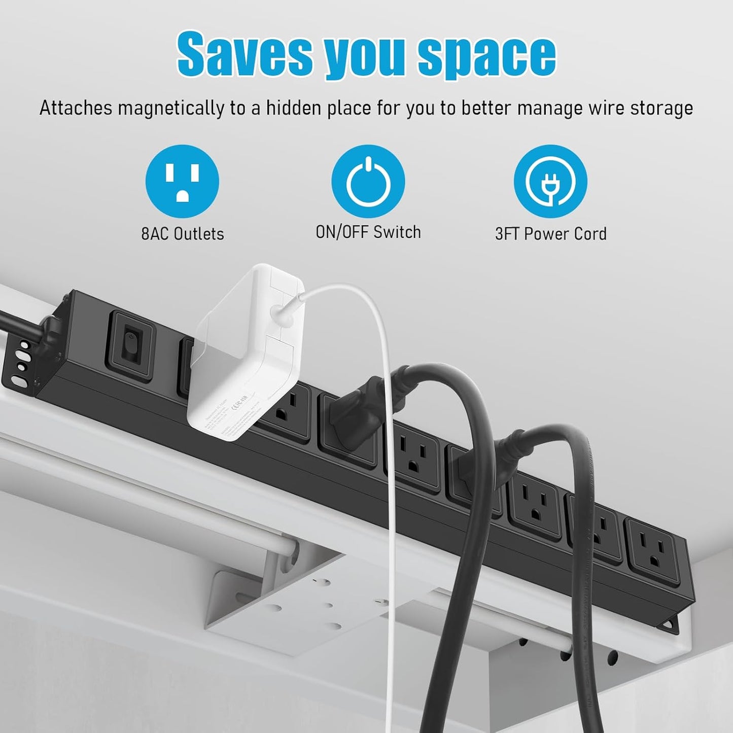 HHSOET Magnetic Mount Power Strip, 8 Outlet Mountable Socket, Metal Heavy Duty Surge Protector, Gaming Table Outlet, Easy to Fix Without Drilling or Taping, 3FT Extension Cord.(Black)