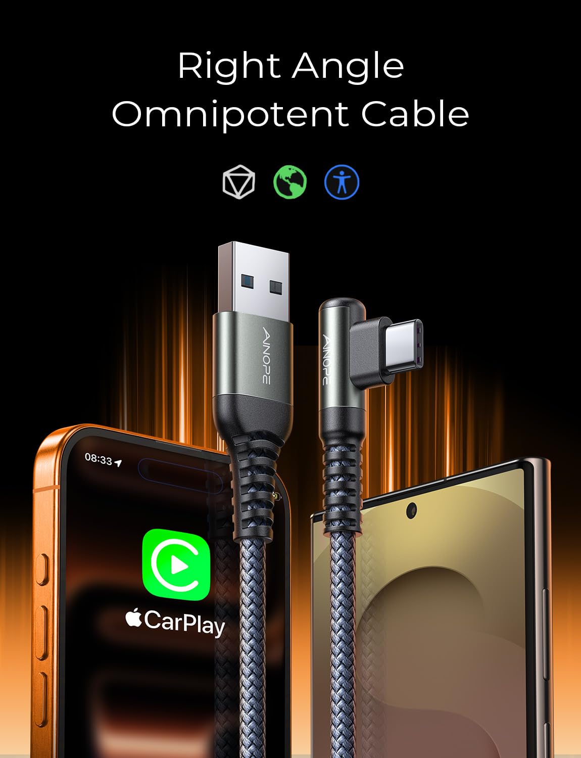 AINOPE USB C Cable [2-Pack, 6.6ft] 3.1A Type C Charger Fast Charging, Right Angle USB to USB C Cable for iPhone 17 Carplay Cable, Galaxy S10+ S10 S9, Note 10 9, LG V30, Moto, iPhone 16 15 Charger Cord