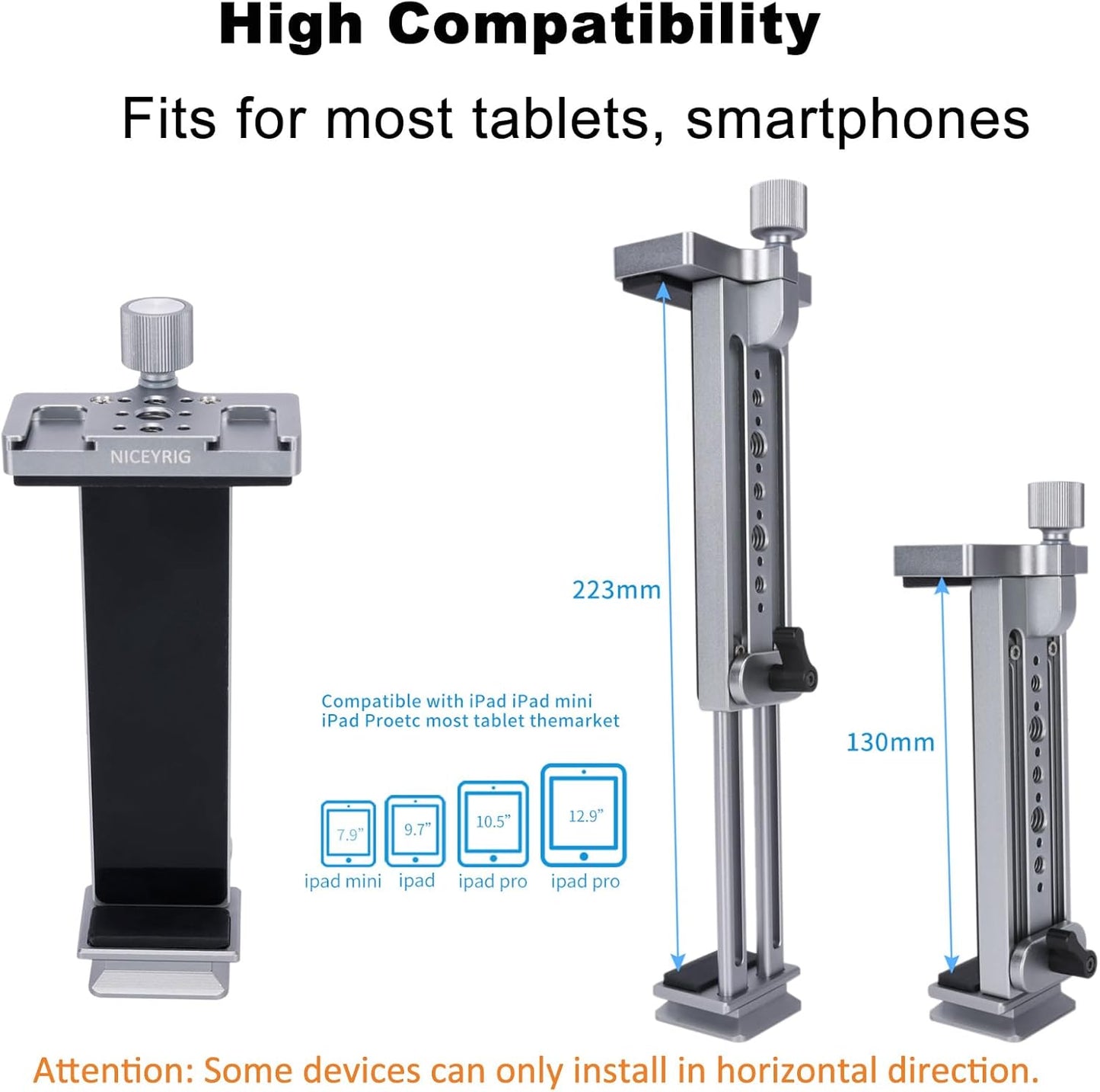 NICEYRIG Tablet Tripod Mount Aluminum Holder for iPad mini 8.3'' 7.9'', iPad Air, iPad Pro, 130mm - 223mm Adjustable Mounting Clamp with Double Locking Points, Quick Release Plate for Arca-style - 616
