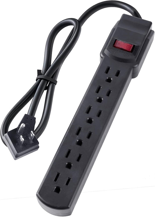 6-Outlet Surge Protector – 250 Joules, 6ft Cord, 15A/125V, 1875W Max – Right Angle Plug, Black – Home, Office, & Electronics Protection