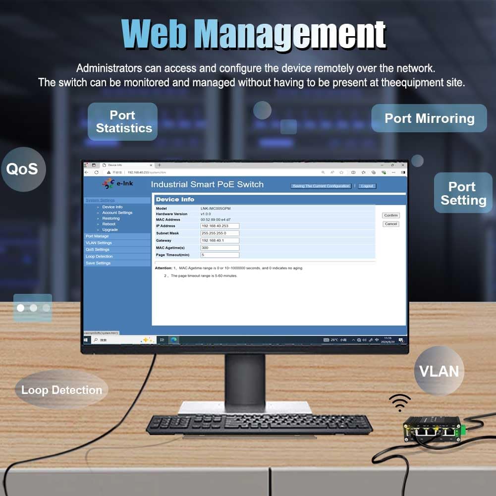 Industrial Managed 5 Port PoE Ethernet Switch, Mini Gigabit Networking Switch with Web Management, Supporting Din-Rail