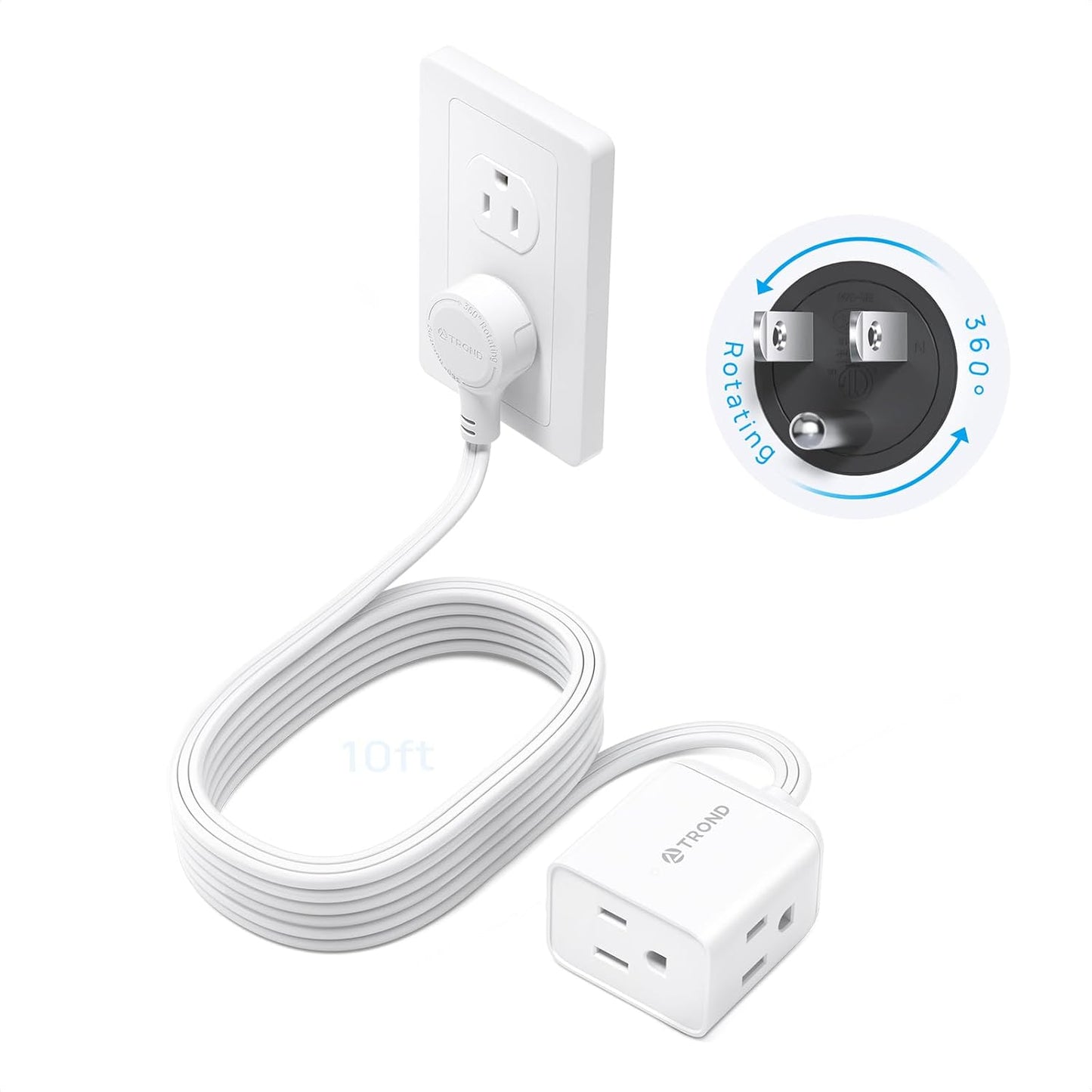 TROND Flat Extension Cord 10ft with 360° Rotating Plug, Low Profile Small Power Strip, 3 Prong Grounded Outlets Cube, 13A, SPT 16/3 AWG Cable, for Indoor Home Office Kitchen Cruise Essentials, White
