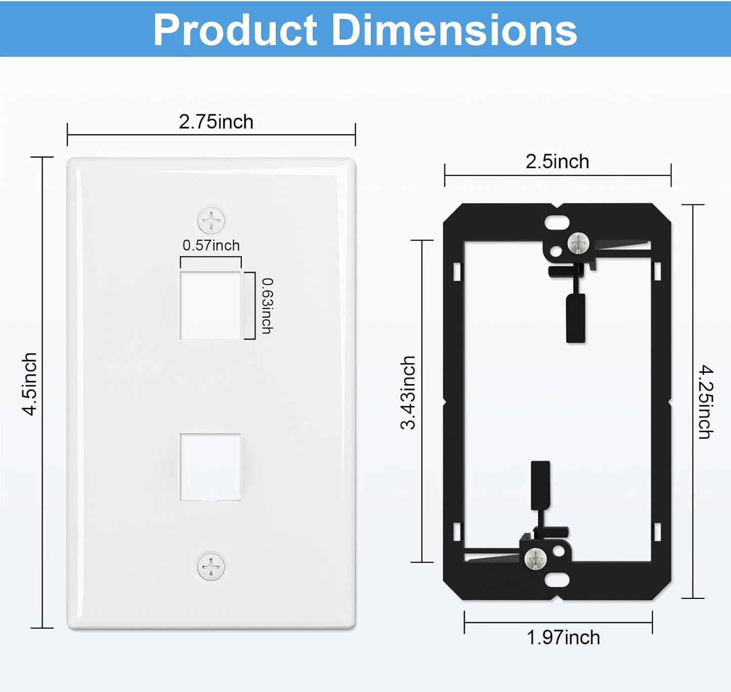 FGB 2-Port Keystone Wall Plate, with Low Voltage Mounting Bracket, with Single Gang Decorator Wall for RJ45, HDMI, and Coax Keystone Inserts, White, 10-Pack