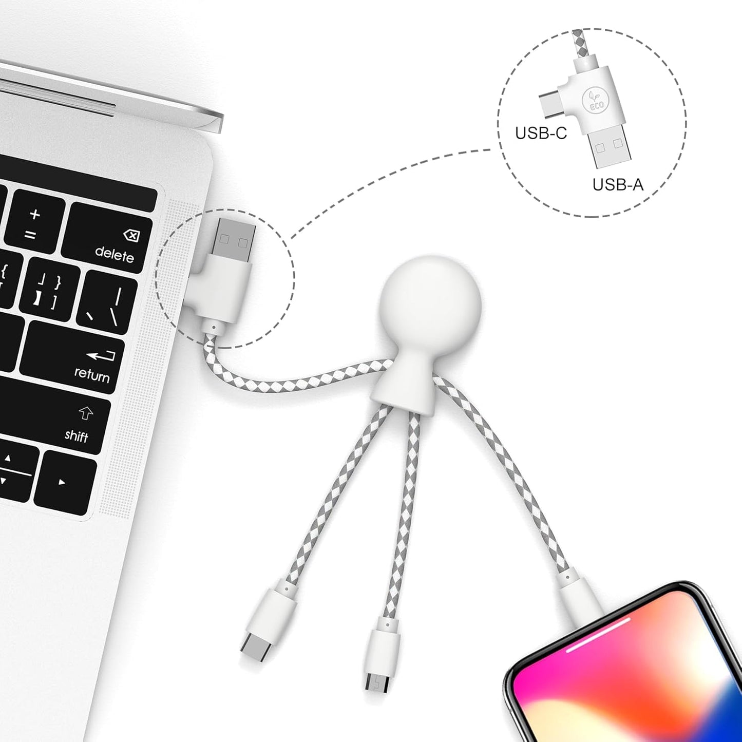 Multi USB Cable 4 in 1 - Universal Charger Made from Recycled Plastic - USB, USB-C, Lighting, Micro USB Ports - Compatible with All Smartphones Mr Bio White Octopus