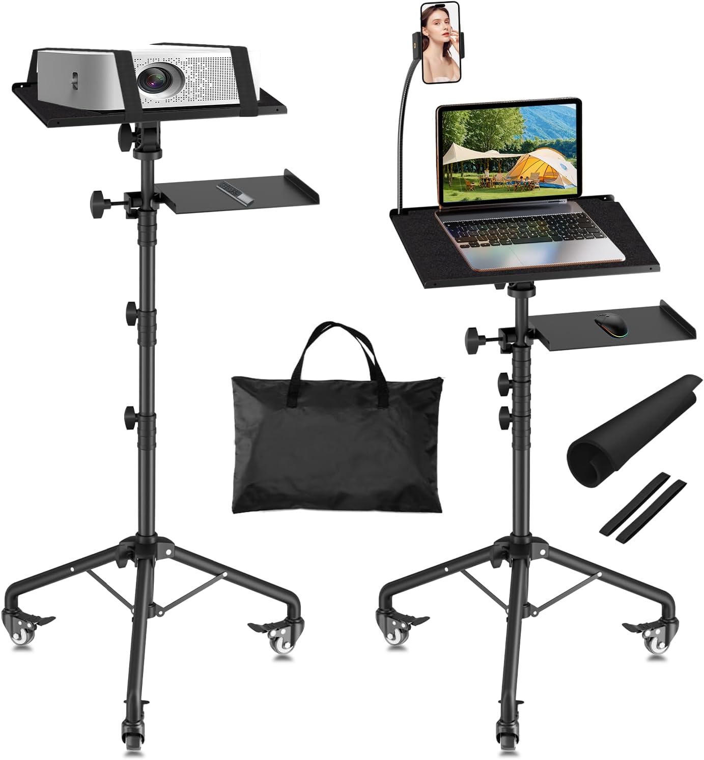 Projector Tripod Stand with Wheels, Portable Laptop Floor Support with Mouse Tray & Bag, Height Adjustable 26 to 49 Inch with Gooseneck Phone Holder for Office, Home, DJ Racks