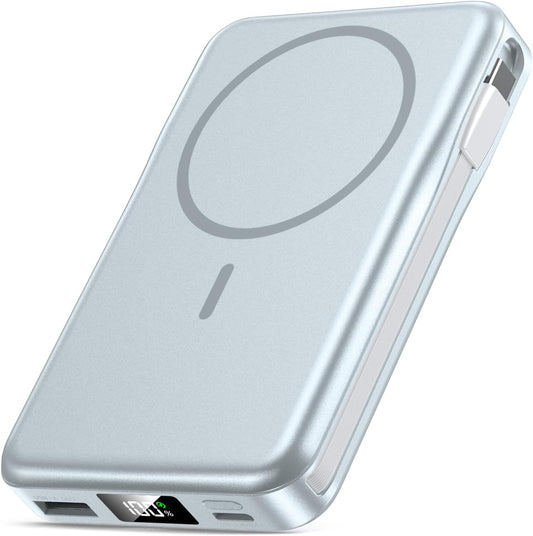 Magnetic Portable Charger, 10000mAh Power Bank, 5 in 1 Portable Charger with Built in Cable, 20W Fast Charging for Magsafe Battery Pack Compatible with iPhone 16/15/14/13 Pro/Pro Max, Samsung Series